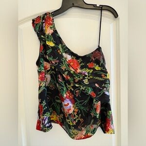 Alice + Olivia Black Floral One-Shoulder Blouse
